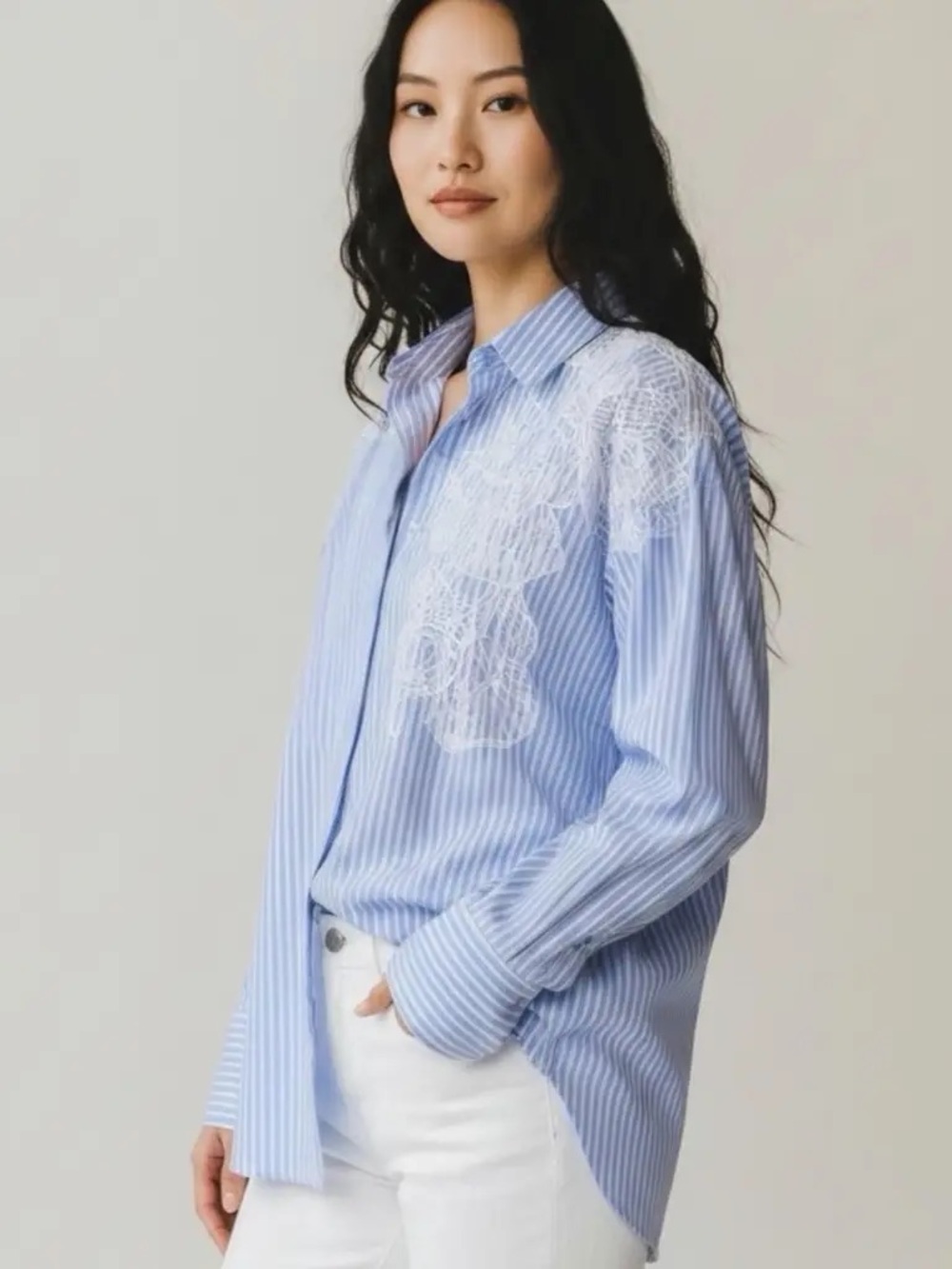 Christian Lacroix Blue Stripe Cotton Shirt Lace Floral Appliqué Oversized Medium